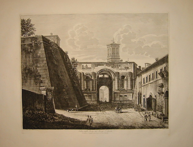 Rossini Luigi (1790-1875) Veduta della Porta del Borgo S.Spirito. Architettura di Sangallo. Questa Porta è di pietra Tiburtina 1829 Roma 